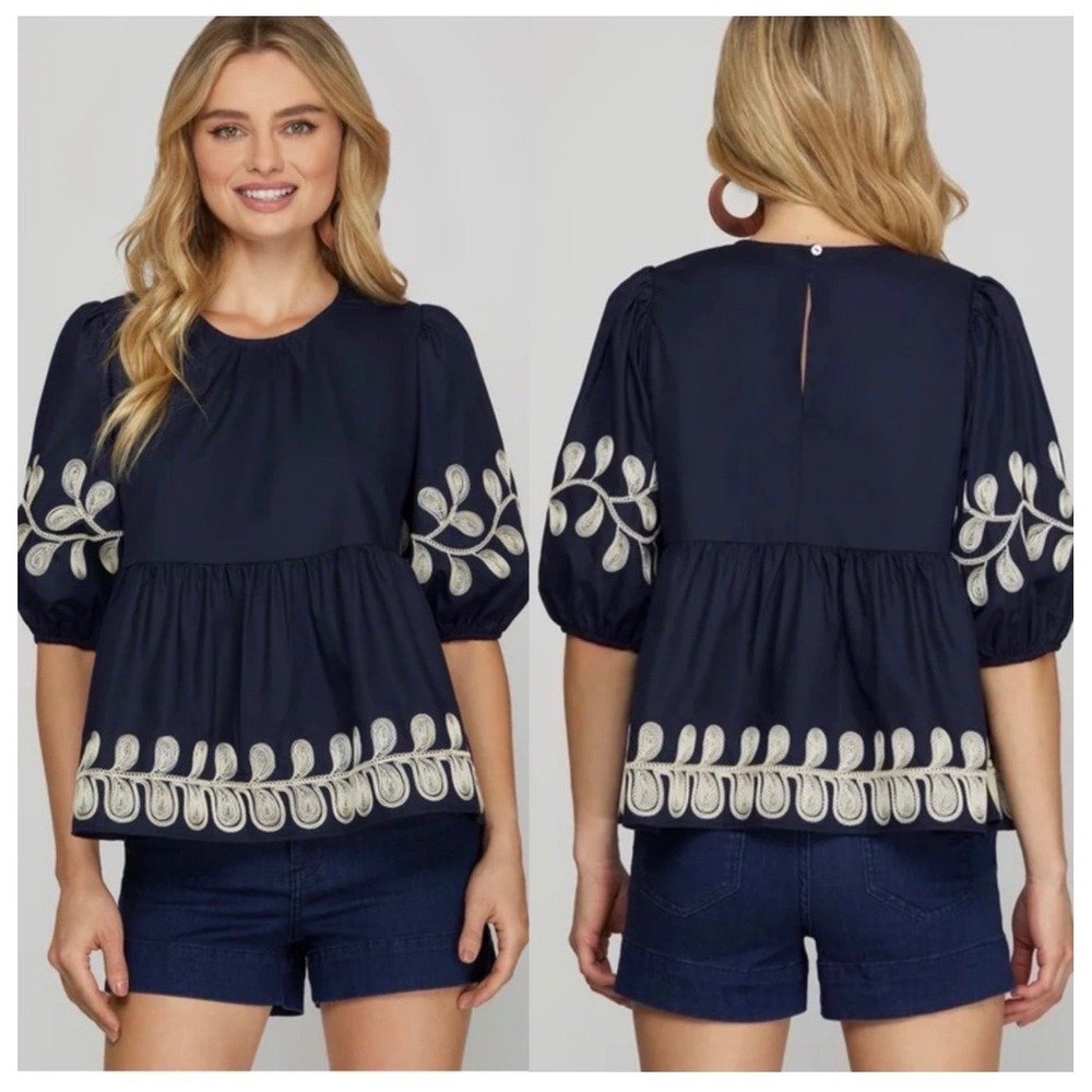 She + Sky NWT Navy Blue Embroidered Puff Sleeve Babydoll Peplum Blouse Top SZ S
